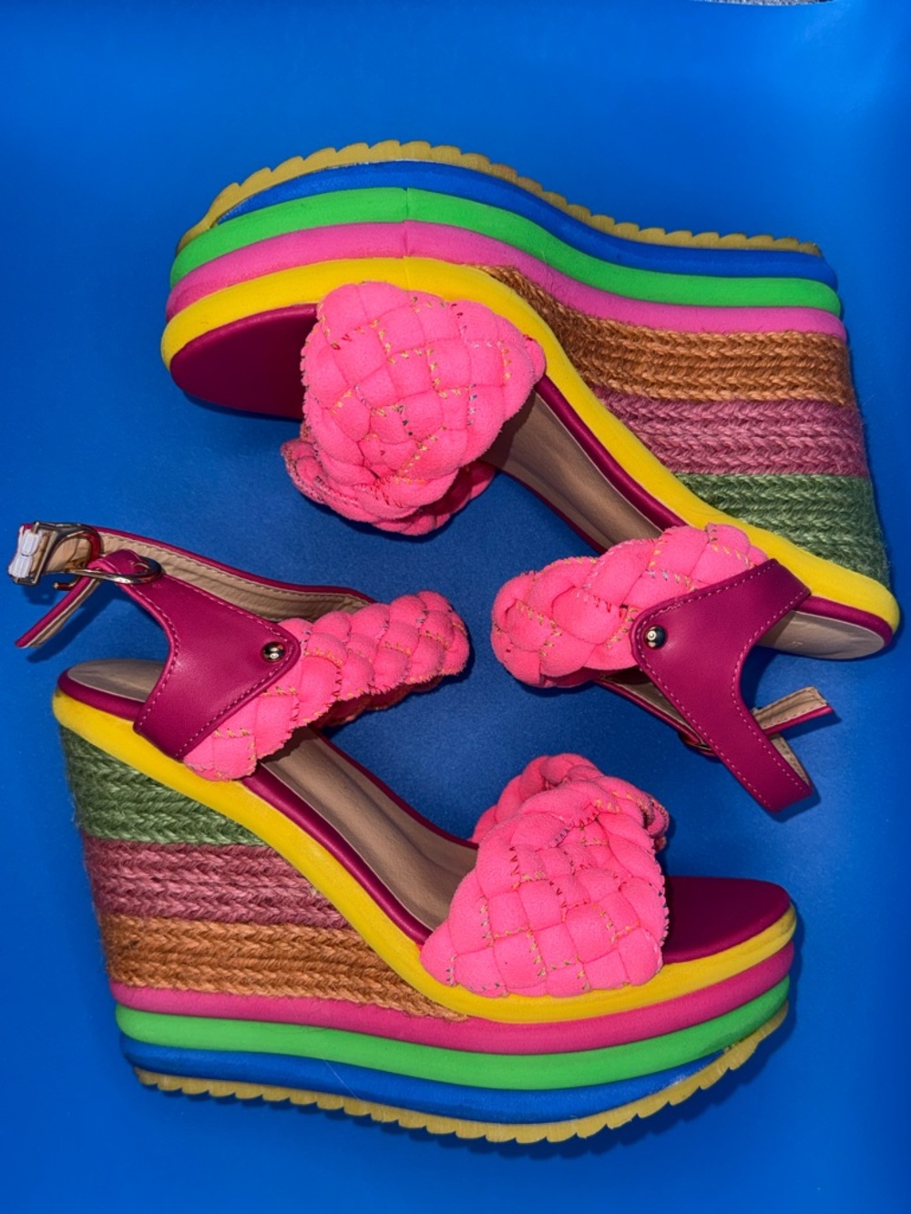 Hot Pink Rainbow Platform Wedges 🌈✨ Braided Strap Statement Heels Size 7